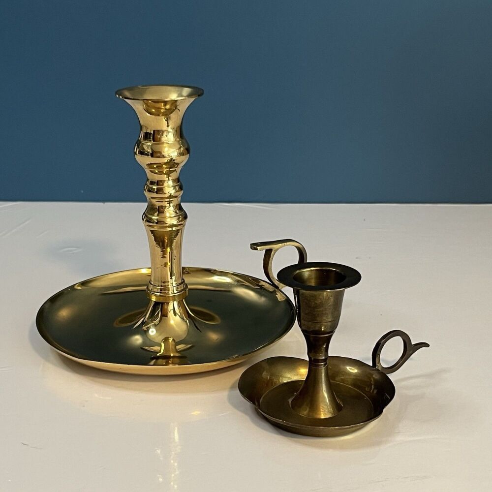 Vintage Brass Chamberstick Candle Holders Lot of 2 Different Sizes Ring Handle